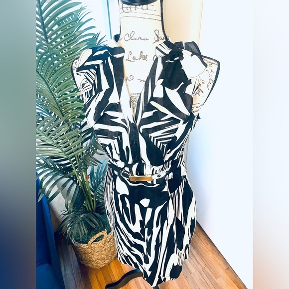 Black and White Sleeveless Dress with Belt - Picture 9 of 9